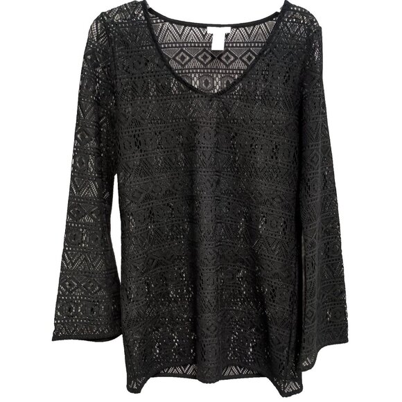 VTG Y2K Cache Tunic Top Womens Medium Black Lace Sheer Flare Sleeve Dark Fairy - Picture 1 of 10